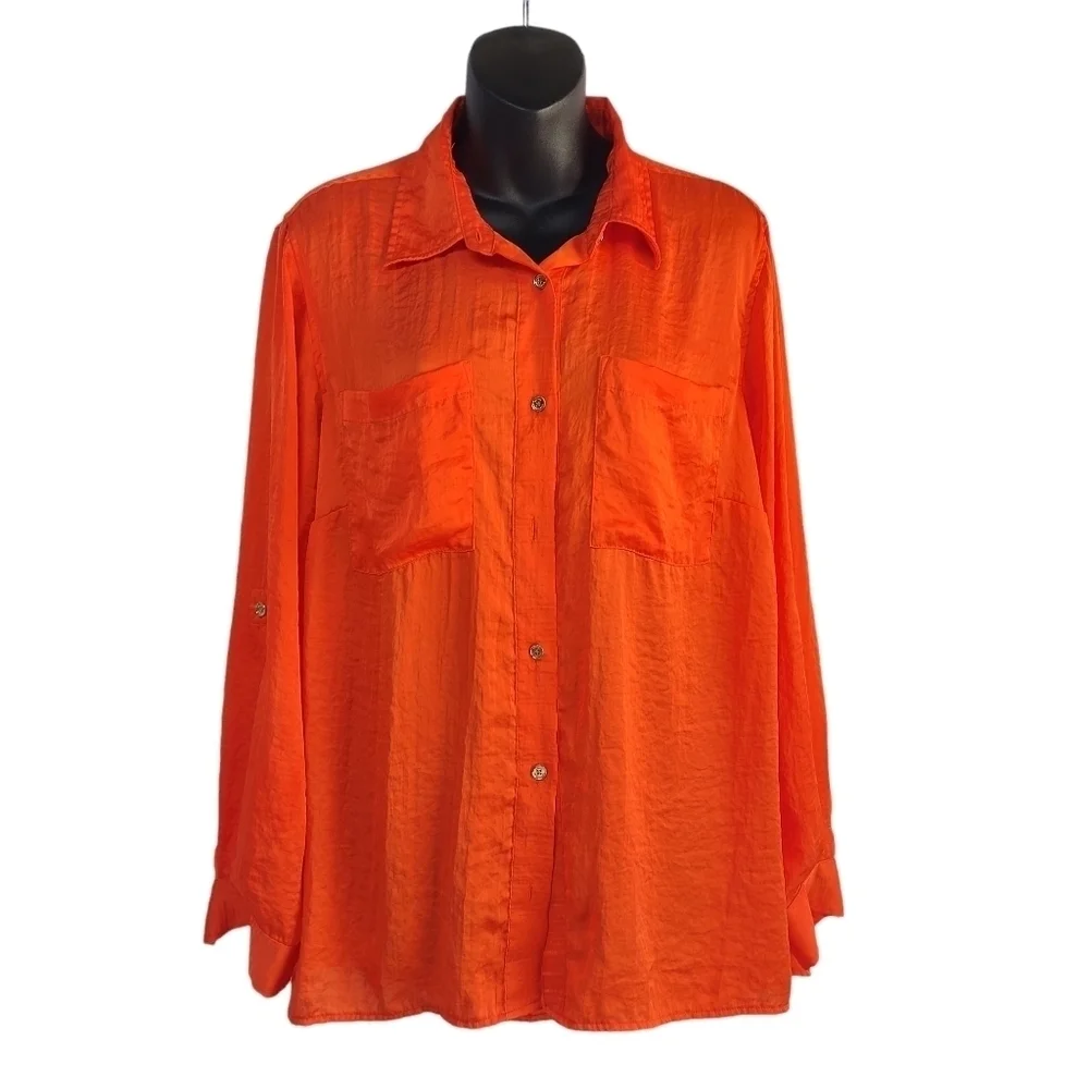 Michael Kors Women's Orange Roll-up Tan Sleeve Button Up Shirt Sz OX